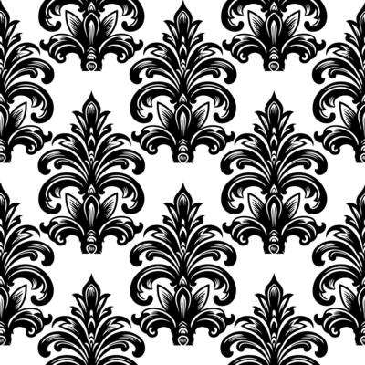 AI generated Damask Fabric textile seamless pattern Luxury decorative  Ornamental floral divider Black line vintage decoration element white Background