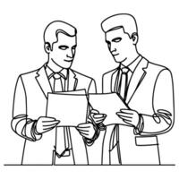 AI generated Business discussion of man and woman standing talking about document and holding document. continuous one line art drawing of business meeting with handshake vector