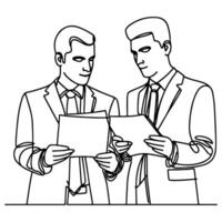 AI generated Business discussion of man and woman standing talking about document and holding document. continuous one line art drawing of business meeting with handshake vector