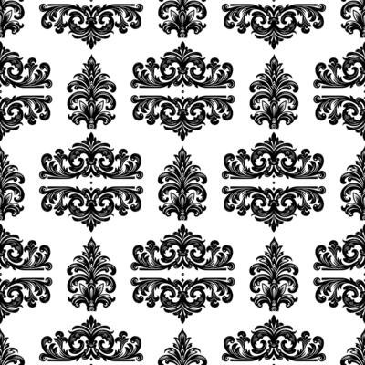 AI generated Damask Fabric textile seamless pattern Luxury decorative  Ornamental floral divider Black line vintage decoration element white Background