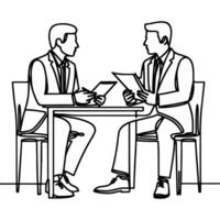 AI generated Business discussion of man and woman standing talking about document and holding document. continuous one line art drawing of business meeting with handshake vector