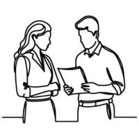 AI generated Business discussion of man and woman standing talking about document and holding document. continuous one line art drawing of business meeting with handshake vector