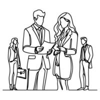 AI generated Business discussion of man and woman standing talking about document and holding document. continuous one line art drawing of business meeting with handshake vector