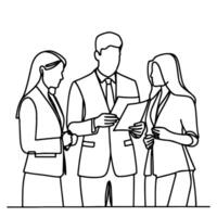 AI generated Business discussion of man and woman standing talking about document and holding document. continuous one line art drawing of business meeting with handshake vector