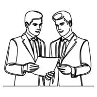 AI generated Business discussion of man and woman standing talking about document and holding document. continuous one line art drawing of business meeting with handshake vector