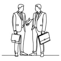 AI generated Business discussion of man and woman standing talking about document and holding document. continuous one line art drawing of business meeting with handshake vector