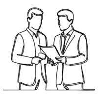 AI generated Business discussion of man and woman standing talking about document and holding document. continuous one line art drawing of business meeting with handshake vector