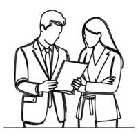 AI generated Business discussion of man and woman standing talking about document and holding document. continuous one line art drawing of business meeting with handshake vector