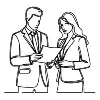 AI generated Business discussion of man and woman standing talking about document and holding document. continuous one line art drawing of business meeting with handshake vector