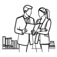 AI generated Business discussion of man and woman standing talking about document and holding document. continuous one line art drawing of business meeting with handshake vector