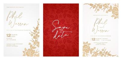 wedding invitation card with cute rose flower templates red background and gold floral design for Stationery, Layouts, collages, scene designs, event flyers, Holidays celebrations cards paper printing vector