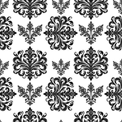 AI generated Damask Fabric textile seamless pattern Luxury decorative  Ornamental floral divider Black line vintage decoration element white Background