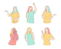 Various behavior pose happy expression woman character. Hand drawn line art style vector design illustrations.