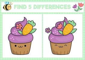 Easter kawaii find differences game for children. Attention skills activity with cute cupcake with carrot, flower. Spring holiday puzzle for kids. Printable what is different worksheet vector