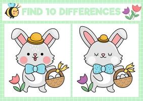 Easter kawaii find differences game for children. Attention skills activity with cute bunny going on egg hunt with basket. Spring holiday puzzle for kids. Printable what is different worksheet vector