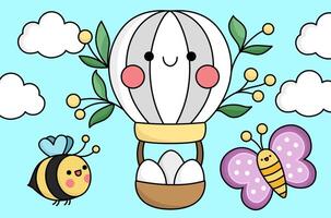 Vector kawaii Easter scene with hot air balloon and eggs in the sky. Spring cartoon illustration. Cute scenery for kids with butterfly and bee