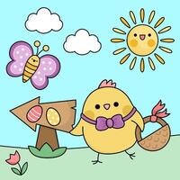 Vector kawaii Easter scene with chick and basket. Spring cartoon illustration. Cute holiday egg hunt scenery for kids with arrow, butterfly, flowers. Sunny day picture