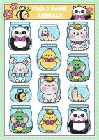 Find two same kawaii animals in jars. Easter matching activity for children. Spring holiday educational quiz worksheet for kids for attention skills. Simple printable game with chick, bunny vector