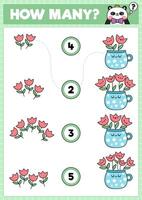 primavera pareo juego con linda kawaii tulipanes en taza. jardín matemáticas actividad para preescolar niños. educativo imprimible Pascua de Resurrección contando hoja de cálculo con dibujos animados flores en maceta vector