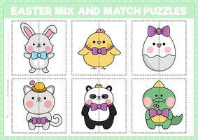 Vector Easter mix and match puzzle with cute kawaii characters. Matching spring holiday activity for preschool kids. Educational garden game with bunny, egg, chick, cat, panda bear, crocodile