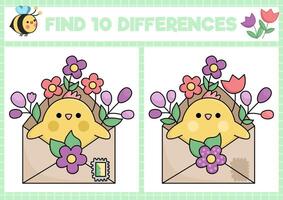 Spring kawaii find differences game for children. Attention skills activity with cute chick in envelope with flowers. Garden puzzle for kids with funny character. Printable what is different worksheet vector