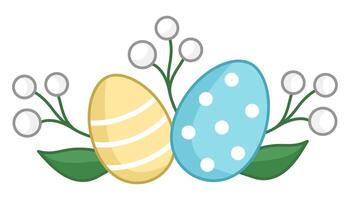 Vector Easter horizontal decorative element. Cute bright composition with eggs, plants and leaves. Spring cartoon icon. Holiday floral design with first flowers and colored eggs.