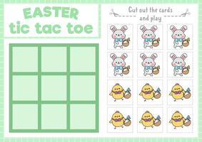 Vector Easter tic tac toe chart with bunny and chick. Kawaii board game playing field with cute characters. Funny spring holiday printable worksheet. Noughts and crosses grid