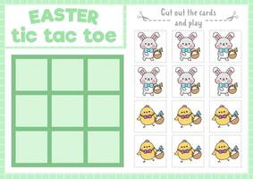 Vector Easter tic tac toe chart with bunny and chick. Kawaii board game playing field with cute characters. Funny spring holiday printable worksheet. Noughts and crosses grid