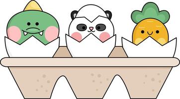 Vector packaging with eggs and hatching kawaii animals. Easter illustration with cute panda bear, crocodile and carrot sitting in shell. Cute spring icon for kids