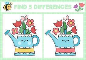 Garden kawaii find differences game for children. Attention skills activity with cute watering can and flowers. Spring holiday puzzle for kids. Printable what is different worksheet vector