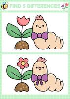 Garden kawaii find differences game for children. Attention skills activity with cute warm, flower sprout. Spring holiday puzzle for kids with funny character. Printable what is different worksheet vector