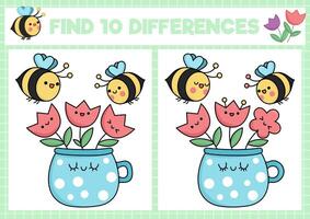 Garden kawaii find differences game for children. Attention skills activity with cute bees and flowers in pot. Spring holiday puzzle for kids. Printable what is different worksheet vector