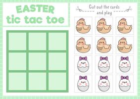 Vector Easter tic tac toe chart with hen and egg. Kawaii board game playing field with cute characters. Funny spring holiday printable worksheet. Noughts and crosses grid
