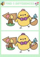 Easter kawaii find differences game for children. Attention skills activity with cute chicken going on egg hunt with basket. Spring holiday puzzle for kids. Printable what is different worksheet vector