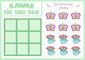 Vector garden tic tac toe chart with batterfly and tulips in pot. Easter kawaii board game playing field with cute characters. Funny spring holiday printable worksheet. Noughts and crosses grid