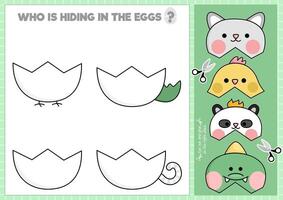 Vector Easter cut and glue activity. Crafting game with cute kawaii egg shell. Fun spring holiday printable worksheet. Find the right piece of the puzzle. Complete the picture with hatching animals