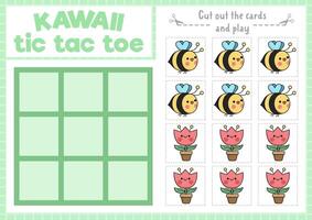 Vector garden tic tac toe chart with bee and tulip in pot. Easter kawaii board game playing field with cute characters. Funny spring holiday printable worksheet. Noughts and crosses grid