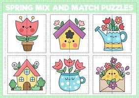 Vector farm or garden mix and match puzzle with cute kawaii characters. Matching spring activity for preschool kids. Educational Easter game with flowers in pots, watering can, cottage, chick