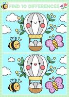 Easter kawaii find differences game for children. Attention skills activity with cute hot air balloon with eggs, bees flying in the sky. Spring holiday puzzle. Printable what is different worksheet vector