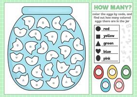 Vector Easter coloring and math puzzle with jar and eggs. Logical printable counting activity for kids. Spring worksheet with cute holiday symbol. Original shape recognition game for children