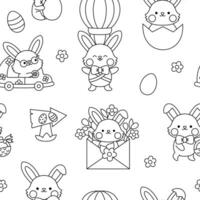 Vector black and white kawaii Easter seamless pattern for kids with funny bunnies. Cute spring cartoon repeat background or coloring page. Digital paper with colored eggs and cute rabbits