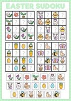 Vector kawaii Easter sudoku puzzle for kids with pictures. Simple spring holiday quiz with cut and glue elements. Garden education activity with bunny, chick, flower, insect, egg. Find missing objects