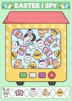 Easter I spy game for kids with toy vending machine. Searching and counting activity with cute kawaii holiday symbols. Spring printable worksheet for preschool children with bunny, eggs, chicks vector