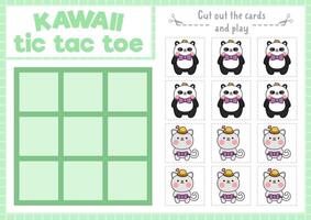 Vector kawaii tic tac toe chart with adorable panda bear and cat. Board game playing field with cute characters. Funny printable worksheet. Noughts and crosses grid