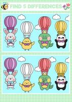 Easter kawaii find differences game for children. Attention skills activity with cute hot air balloons with animals flying in the sky. Spring holiday puzzle. Printable what is different worksheet vector