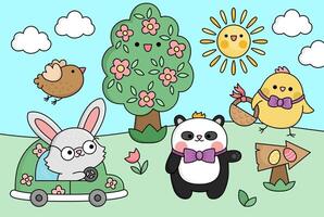 Vector kawaii Easter scene with bunny on a car and chick with basket. Spring cartoon illustration. Cute holiday egg hunt scenery for kids with tree, bird, panda bear. Sunny day picture