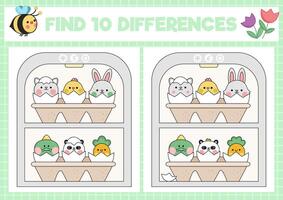 Easter kawaii find differences game for children. Attention skills activity with cute hatching animals. Spring holiday puzzle for kids with characters in fridge. Printable what is different worksheet vector