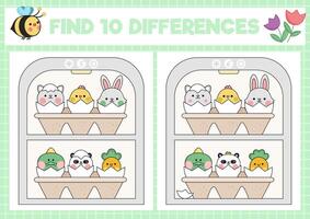 Easter kawaii find differences game for children. Attention skills activity with cute hatching animals. Spring holiday puzzle for kids with characters in fridge. Printable what is different worksheet vector