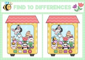 Easter kawaii find differences game for children. Attention skills activity with cute animals in toy vending machine. Spring holiday puzzle for kids. Printable what is different worksheet vector