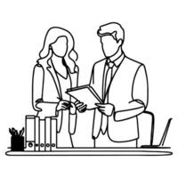 AI generated Business discussion of man and woman standing talking about document and holding document. continuous one line art drawing of business meeting with handshake vector